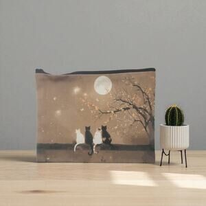 Moonlight Cats Cosmetic Bag Cherry Blossom Makeup Organizer Travel Pouch